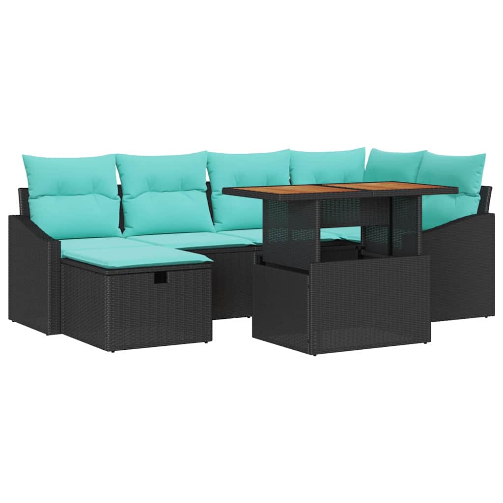 vidaXL Tuinbankenset met kussen met opslag 7 pcs Zwart poly rattan