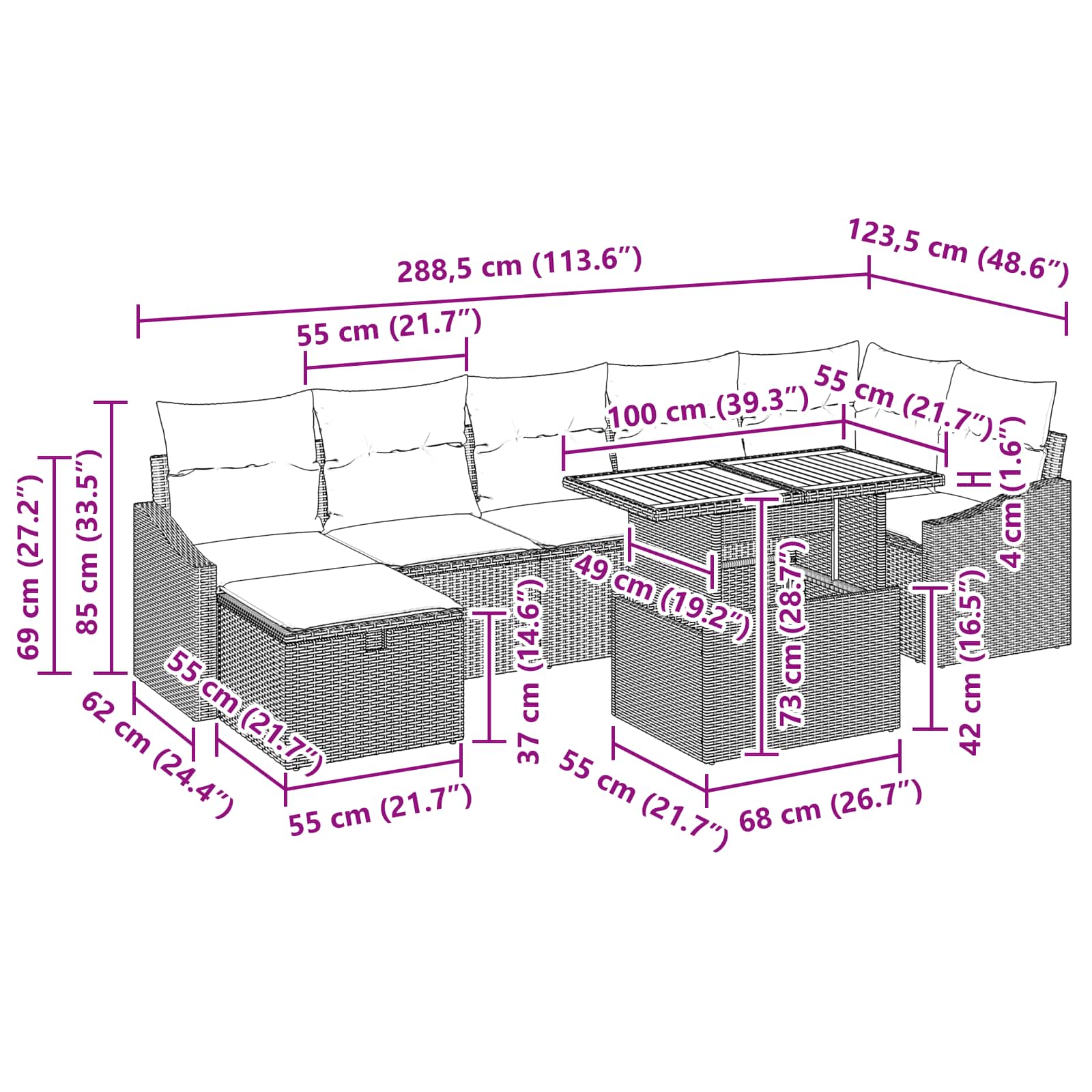 vidaXL Tuinbankenset met kussen met opslag 8 pcs Zwart poly rattan