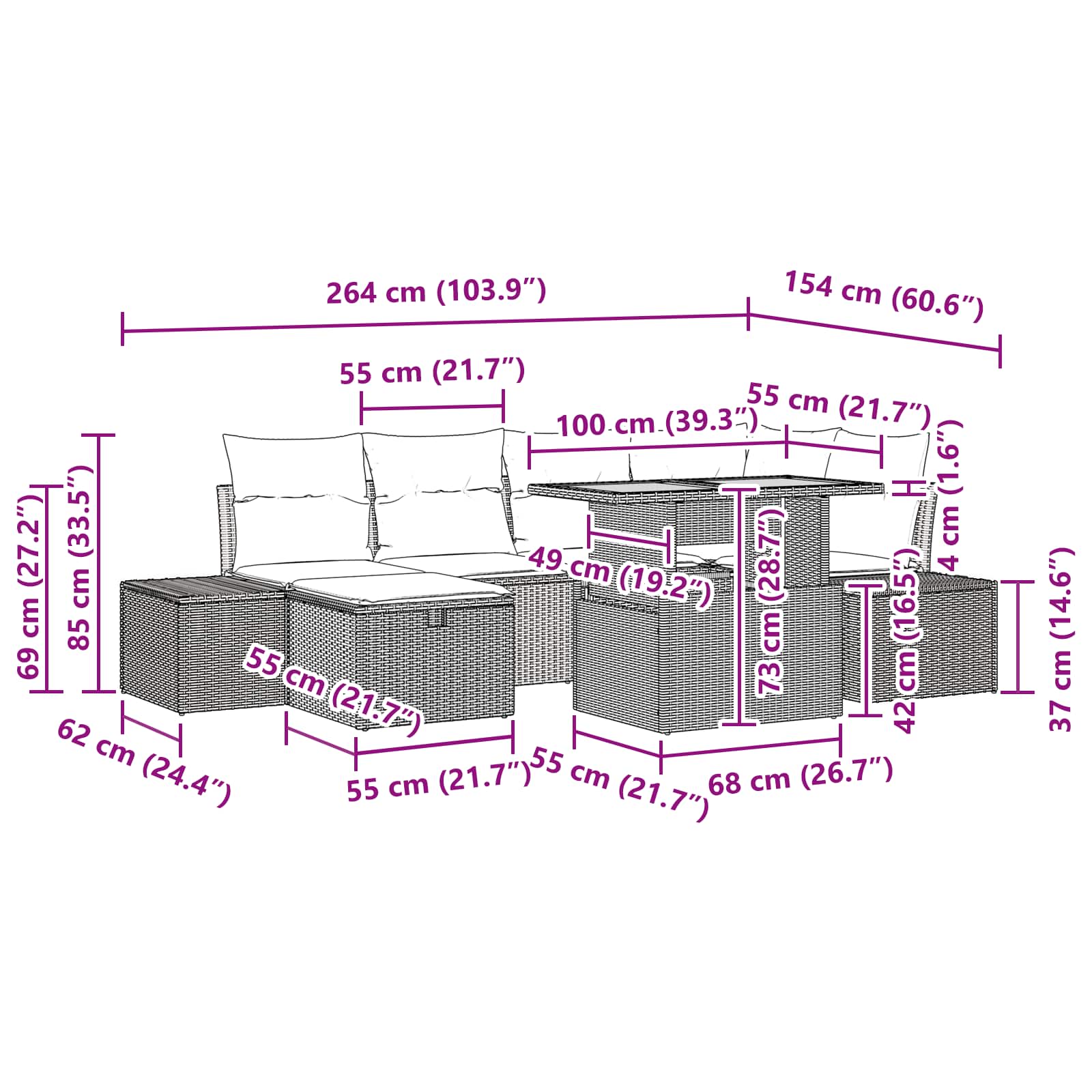 vidaXL Tuinbankenset met kussen met opslag 7 pcs Zwart poly rattan