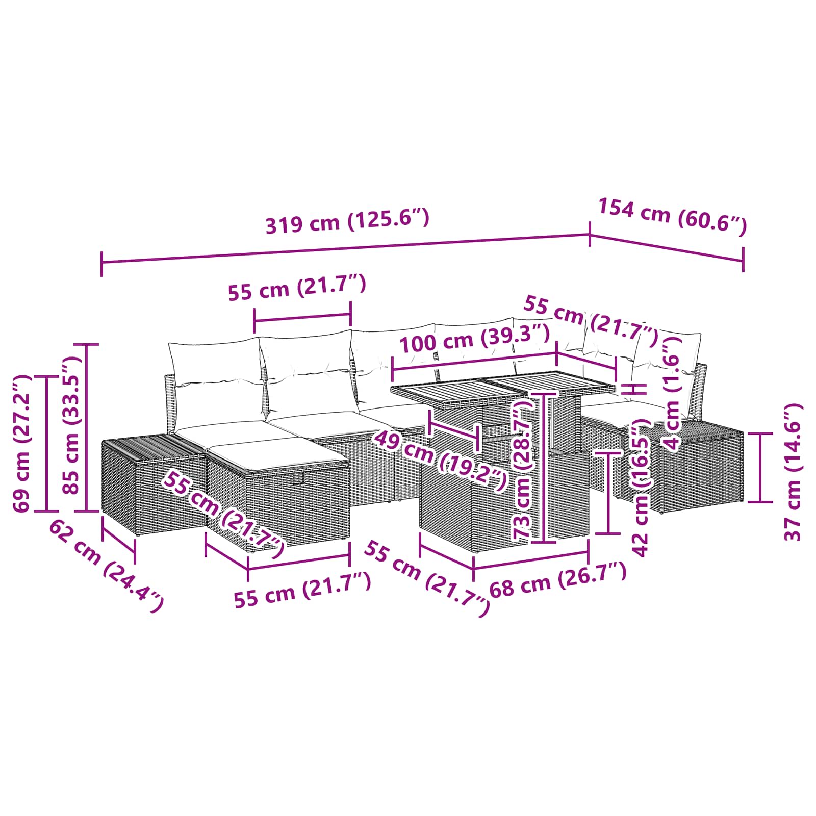 vidaXL Tuinbankenset met kussen met opslag 8 pcs Zwart poly rattan