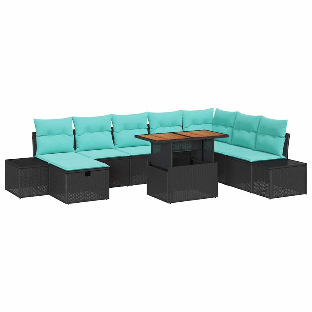 vidaXL Tuinbankenset met kussen met opslag 9 pcs Zwart poly rattan