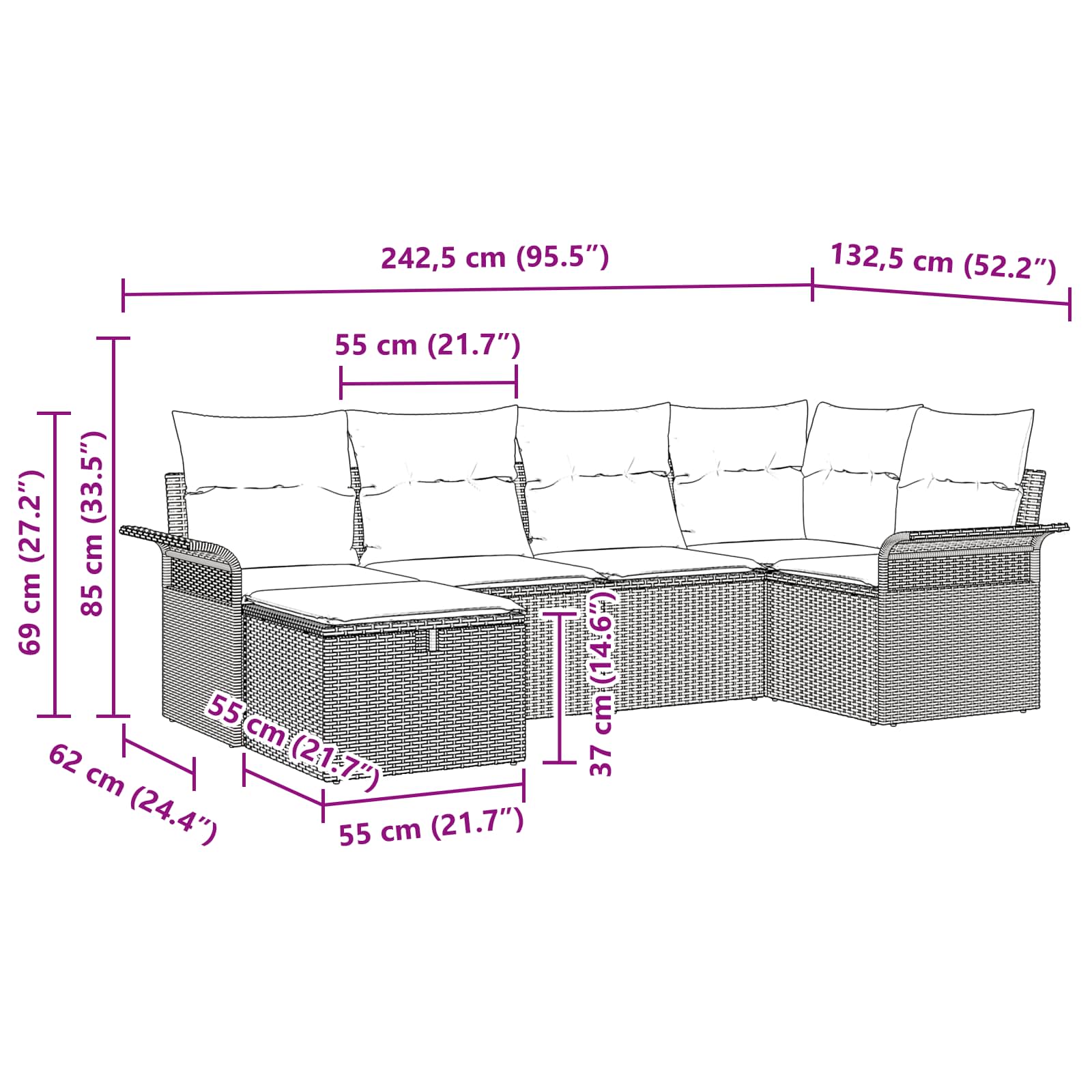 vidaXL Tuin Sofa Set met kussen met opslag 6 pcs Poly riet