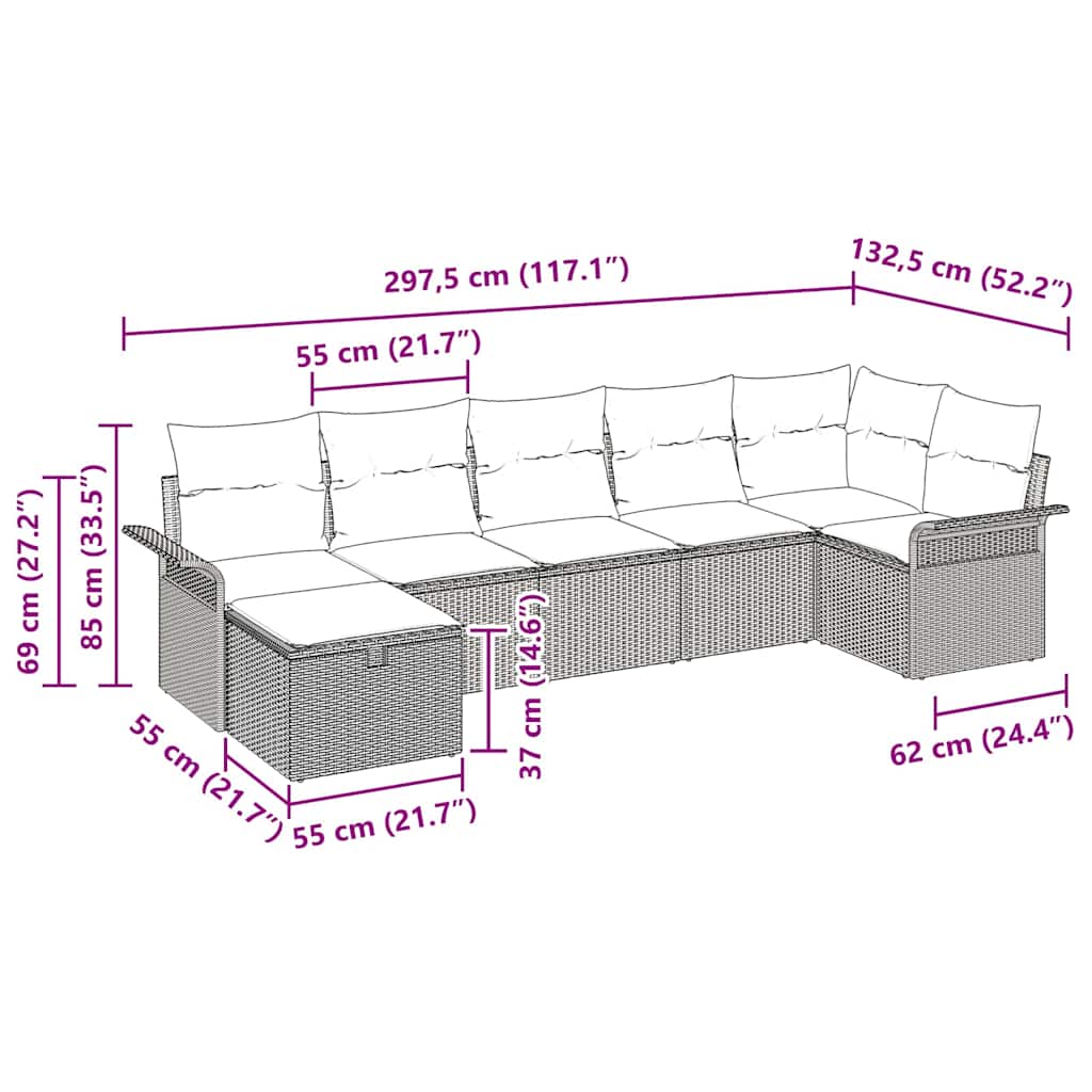 vidaXL Tuin Sofa Set met kussen met opslag 7 pcs Bruin Poly riet