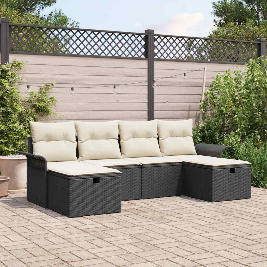 vidaXL 6-delige Tuinbankenset met kussens poly rattan zwart
