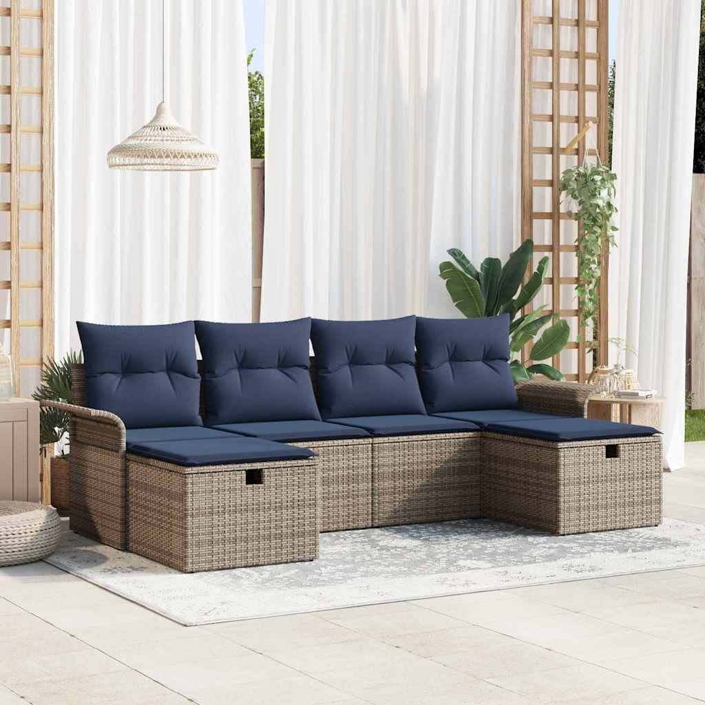 vidaXL 6-delige Tuinbankenset met kussens poly rattan zwart