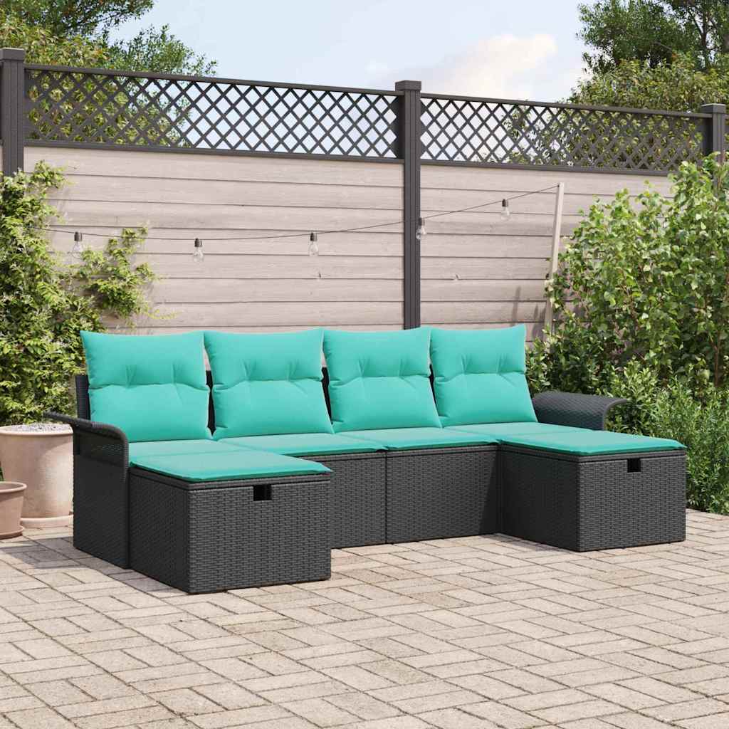 vidaXL 6-delige Tuinbankenset met kussens poly rattan zwart