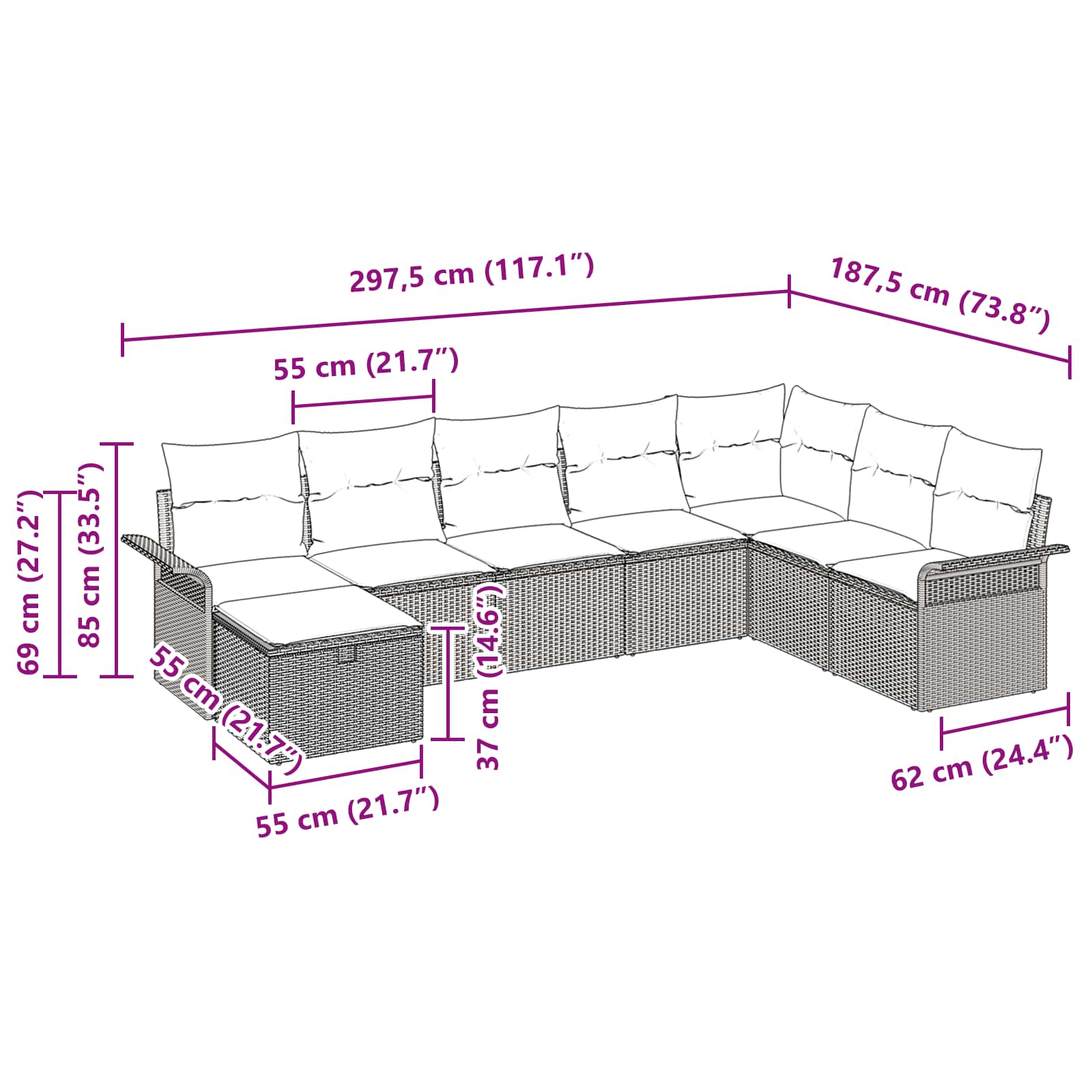 vidaXL Tuin Sofa Set met kussen met opslag 8 pcs Poly riet