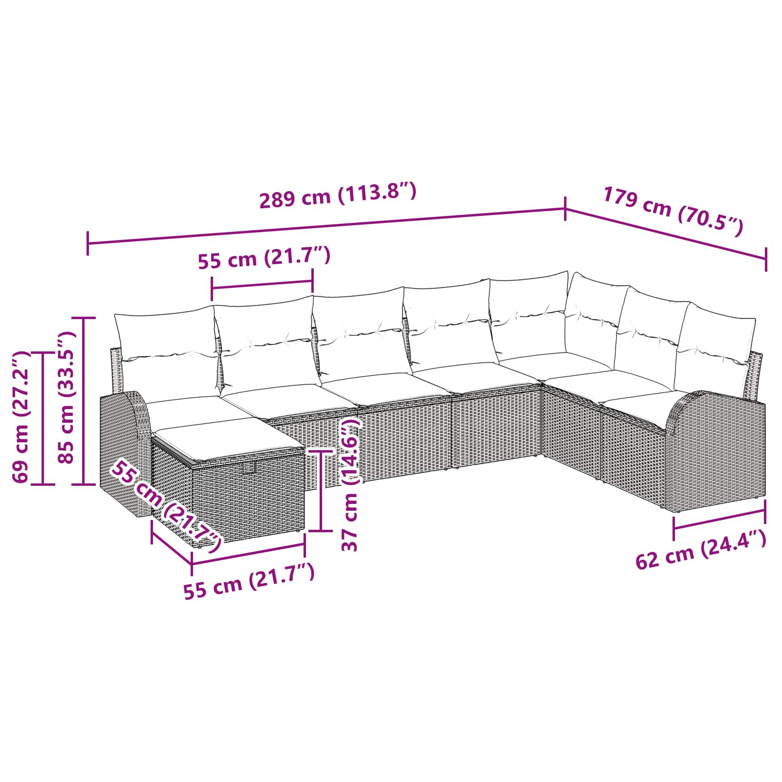 vidaXL Tuin Sofa Set met kussen met opslag 8 pcs Bruin Poly riet