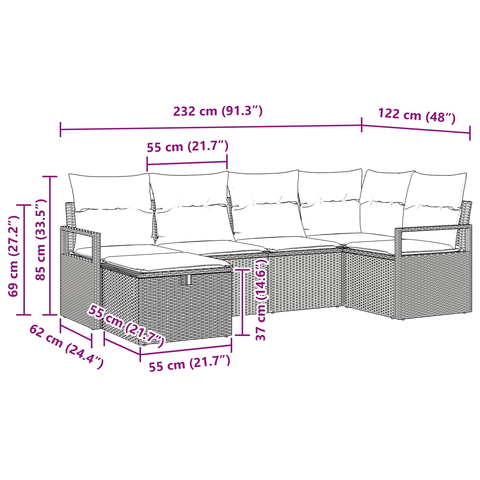 vidaXL Tuin Sofa Set met kussen met opslag 6 pcs Bruin poly rattan