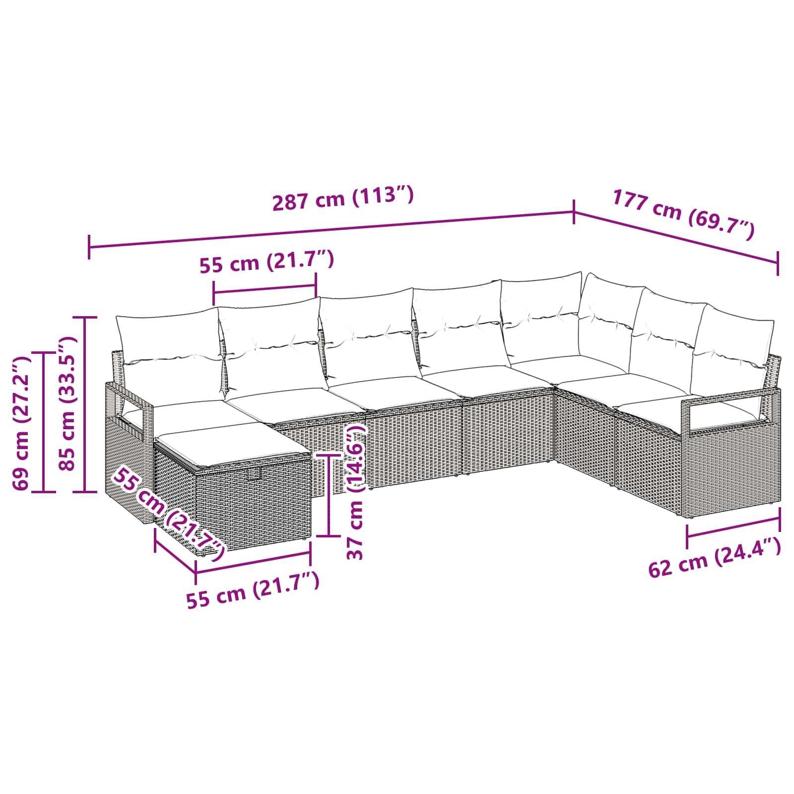 vidaXL Bankstel met kussen 6 pcs poly rattan