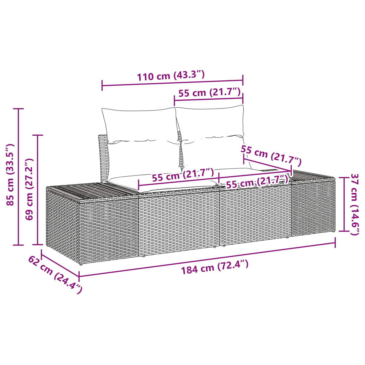vidaXL Bankstel 4 st poly rattan