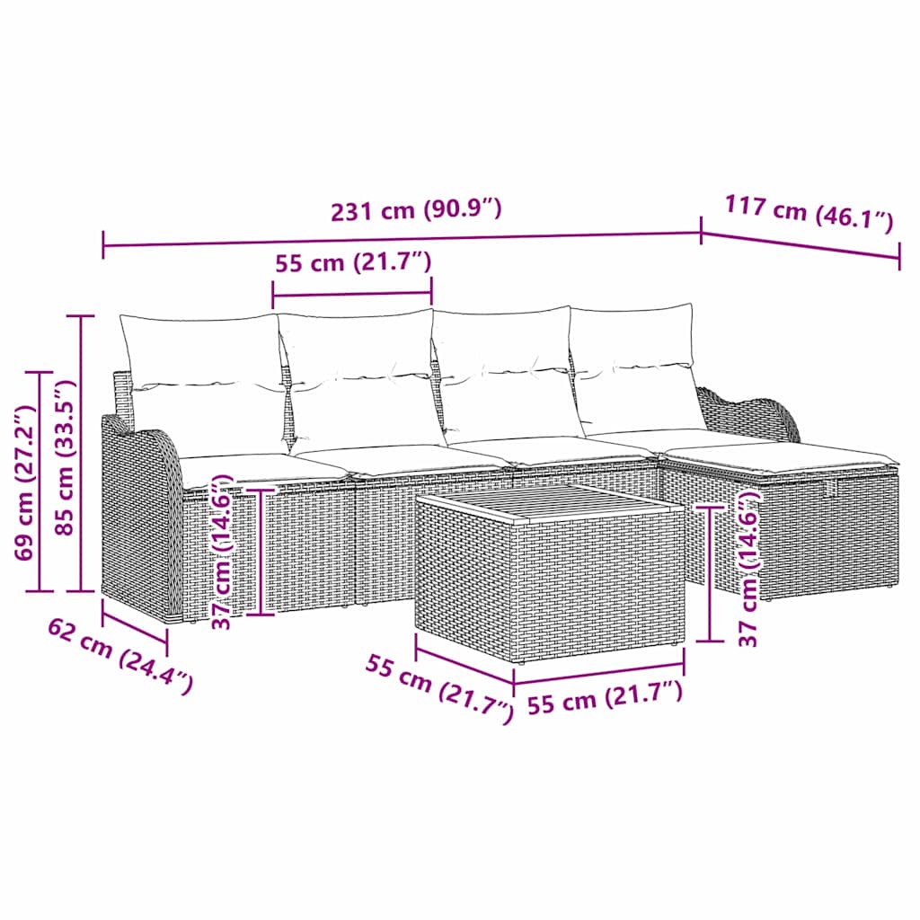vidaXL Tuinbankenset 6 st Grijs Poly riet
