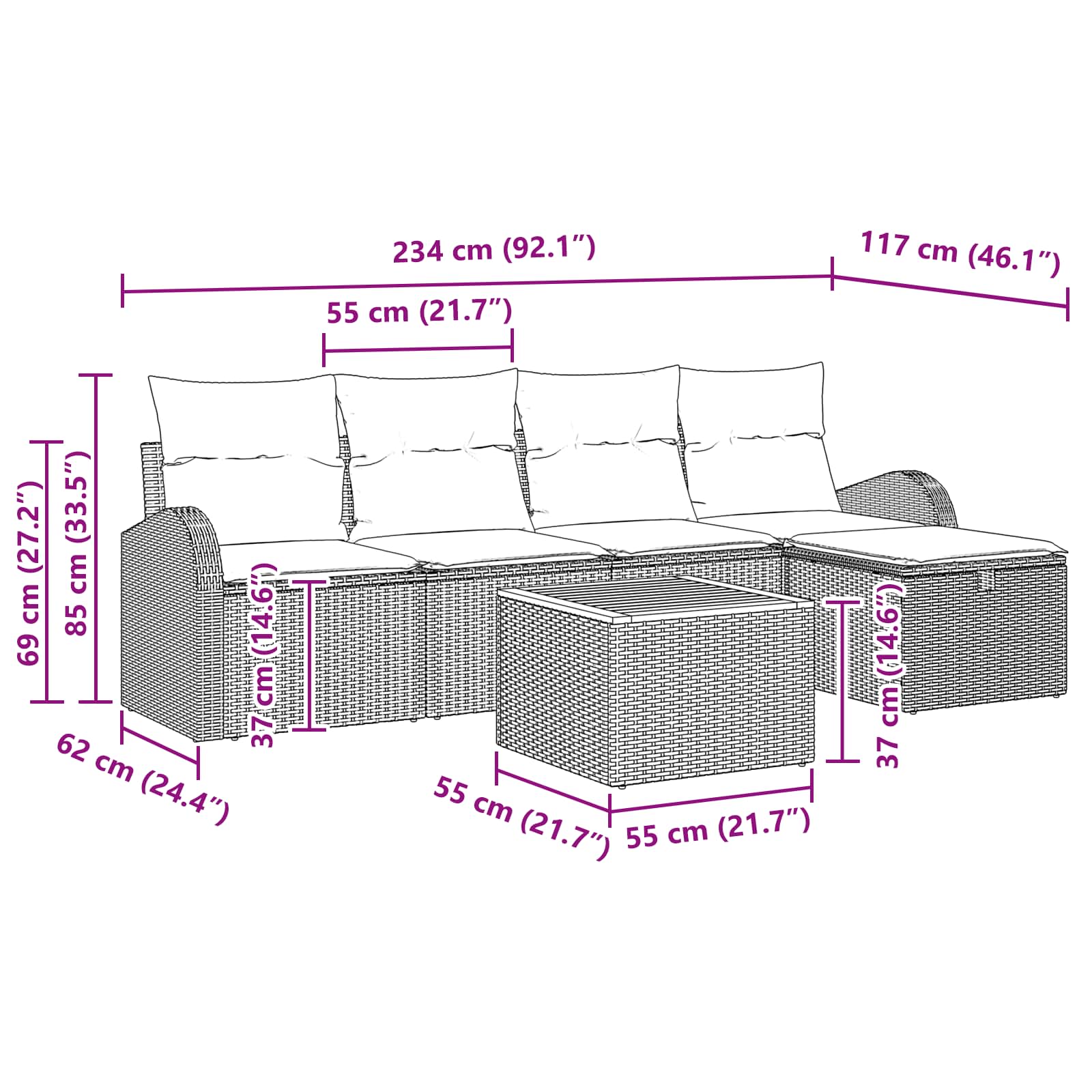 vidaXL Tuin Sofa Set met kussen met opslag 6 pcs Zwart Poly riet