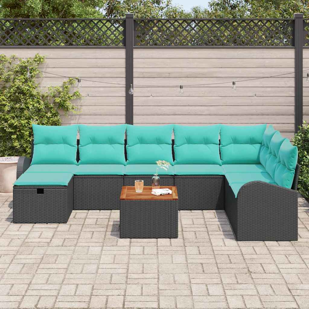 vidaXL Tuinbankenset met kussen met opslag 9 pcs Zwart Poly riet