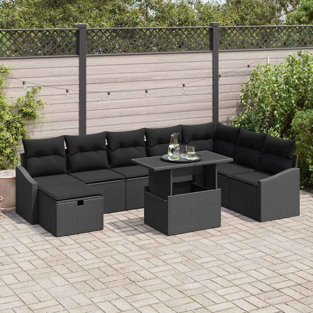 vidaXL Tuin Sofa Set in hoogte verstelbaar 9 pcs Zwart poly rattan