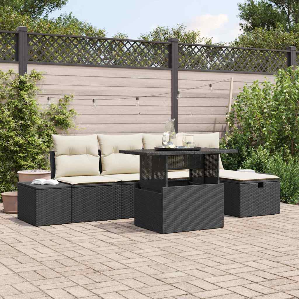 vidaXL 6-delige Tuinbankenset met kussens poly rattan zwart