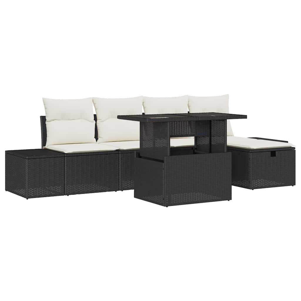vidaXL 6-delige Tuinbankenset met kussens poly rattan zwart