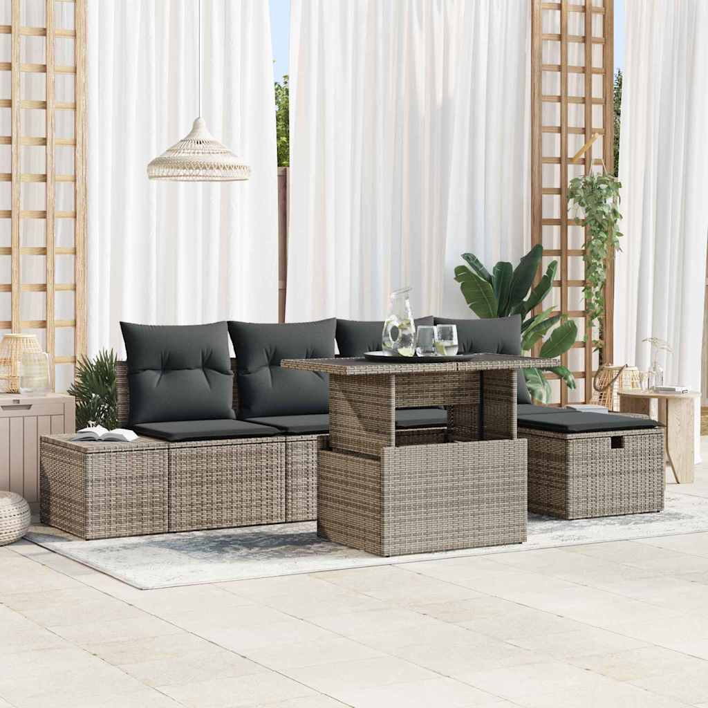 vidaXL 6-delige Tuinbankenset met kussens poly rattan zwart