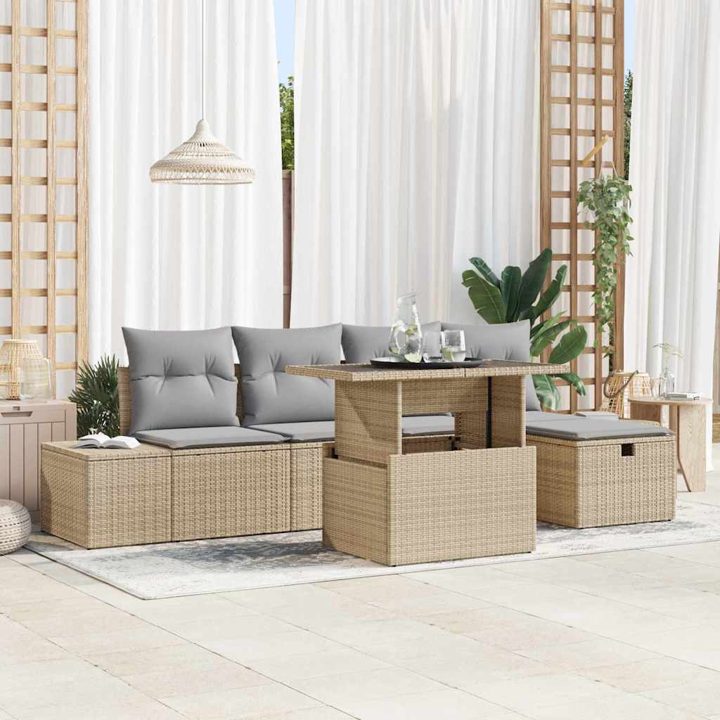 vidaXL 6-delige Tuinbankenset met kussens poly rattan zwart