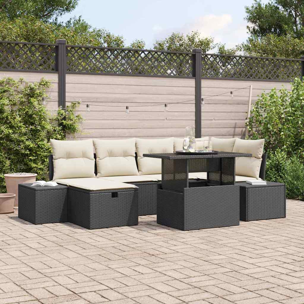 vidaXL Tuin Sofa Set in hoogte verstelbaar 7 pcs Zwart poly rattan
