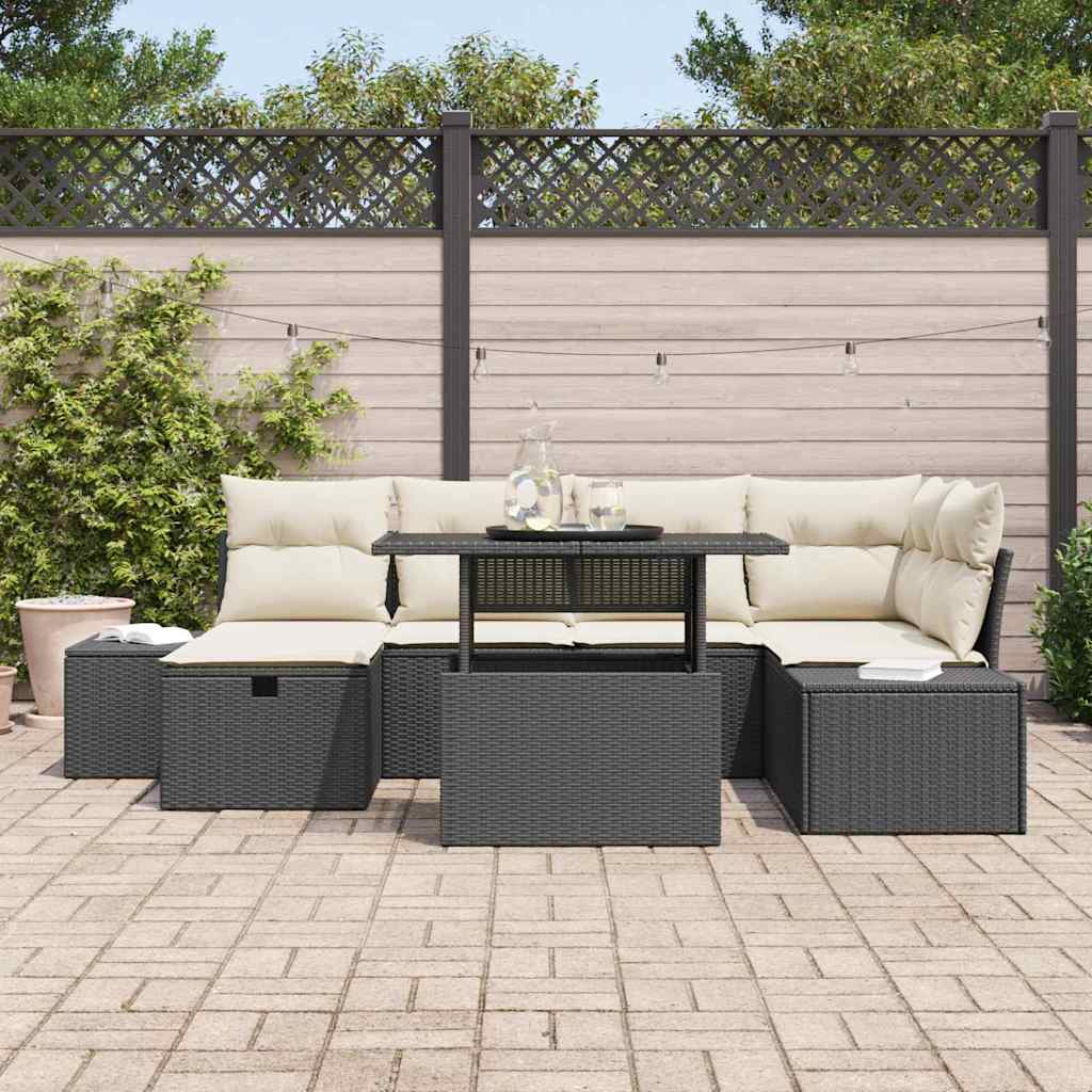 vidaXL Tuin Sofa Set in hoogte verstelbaar 7 pcs Zwart poly rattan