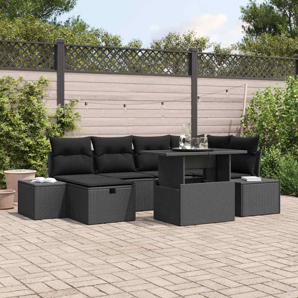 vidaXL Tuin Sofa Set in hoogte verstelbaar 7 pcs Zwart poly rattan