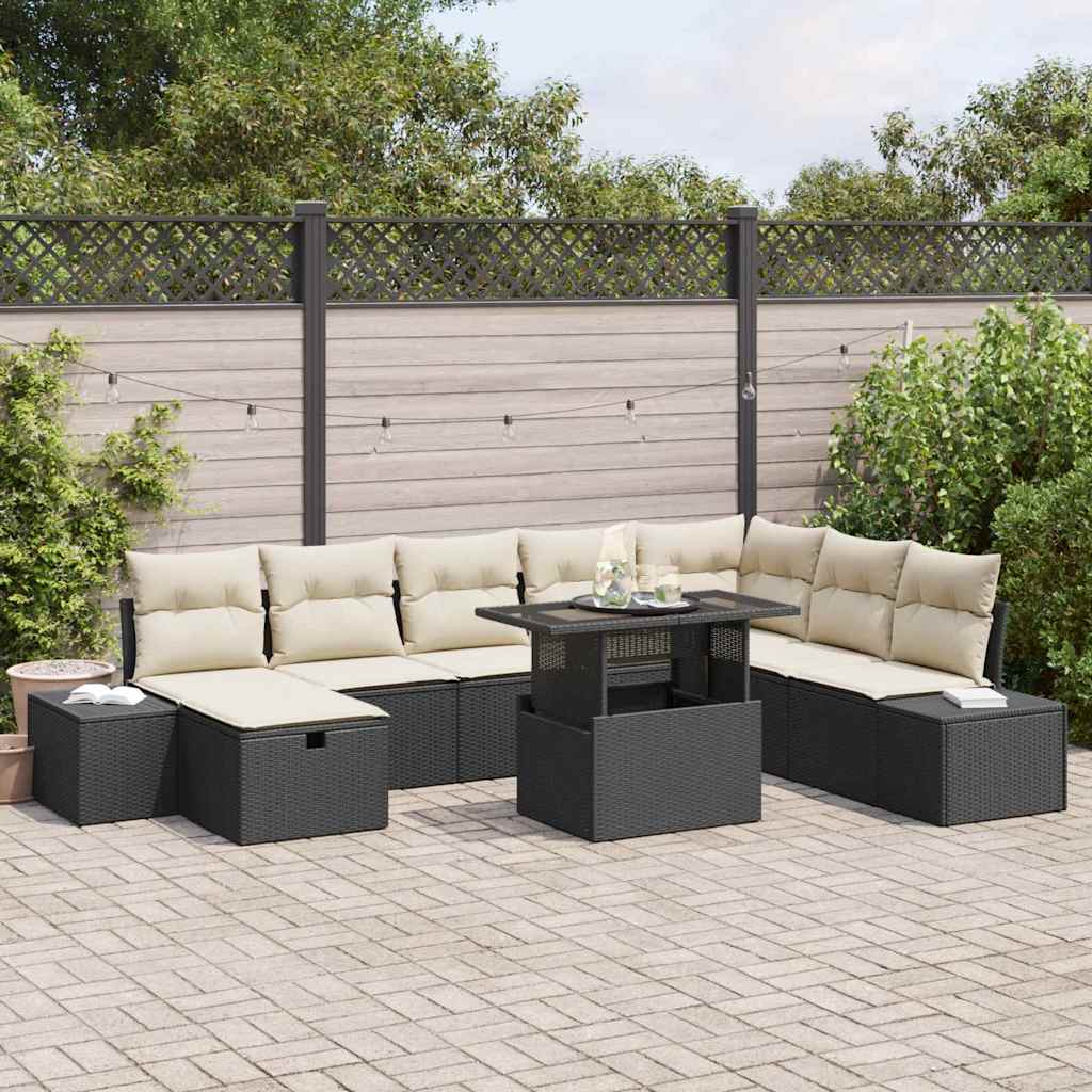 vidaXL Tuin Sofa Set in hoogte verstelbaar 9 pcs Zwart poly rattan