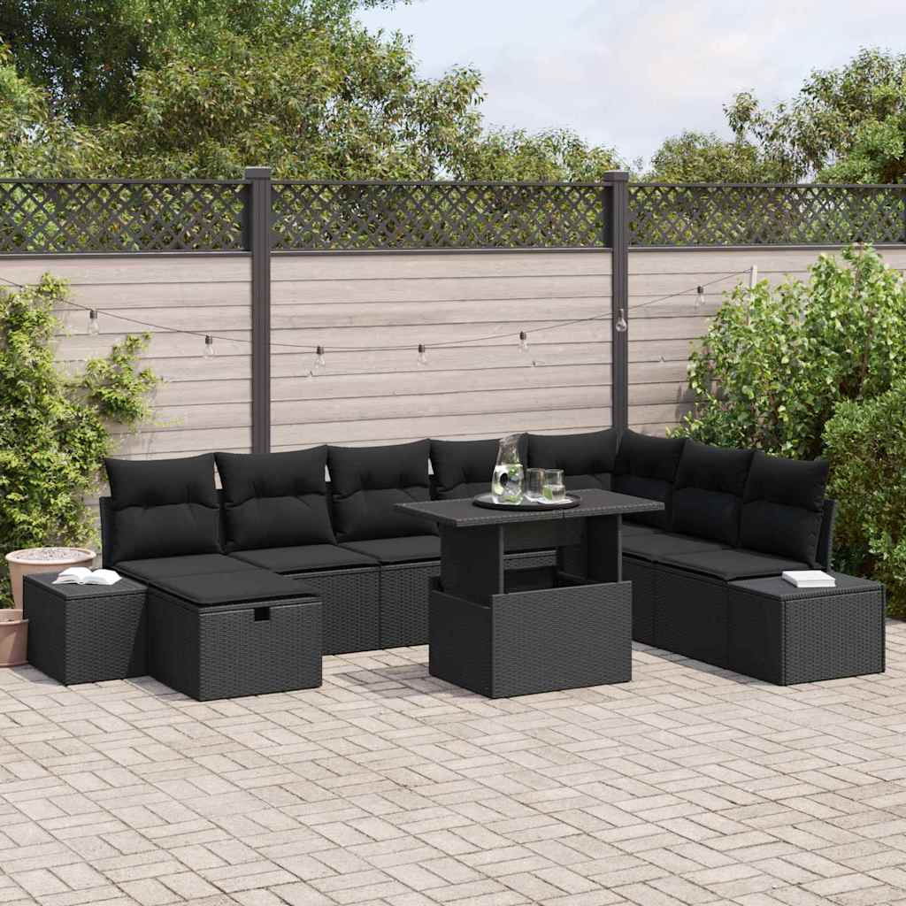 vidaXL Tuin Sofa Set in hoogte verstelbaar 9 pcs Zwart poly rattan