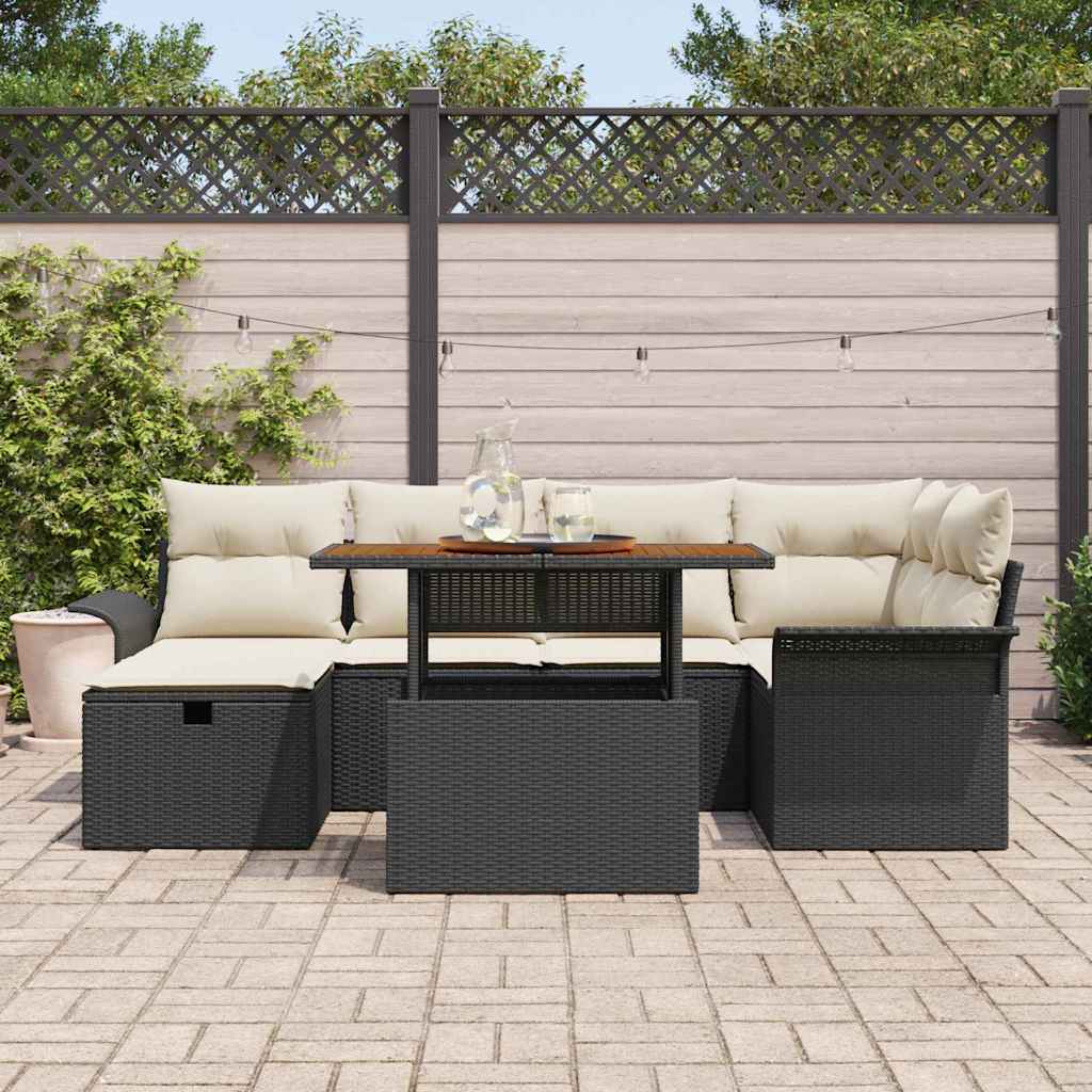 vidaXL 7-delige tuinset met kussens zwart poly rattan