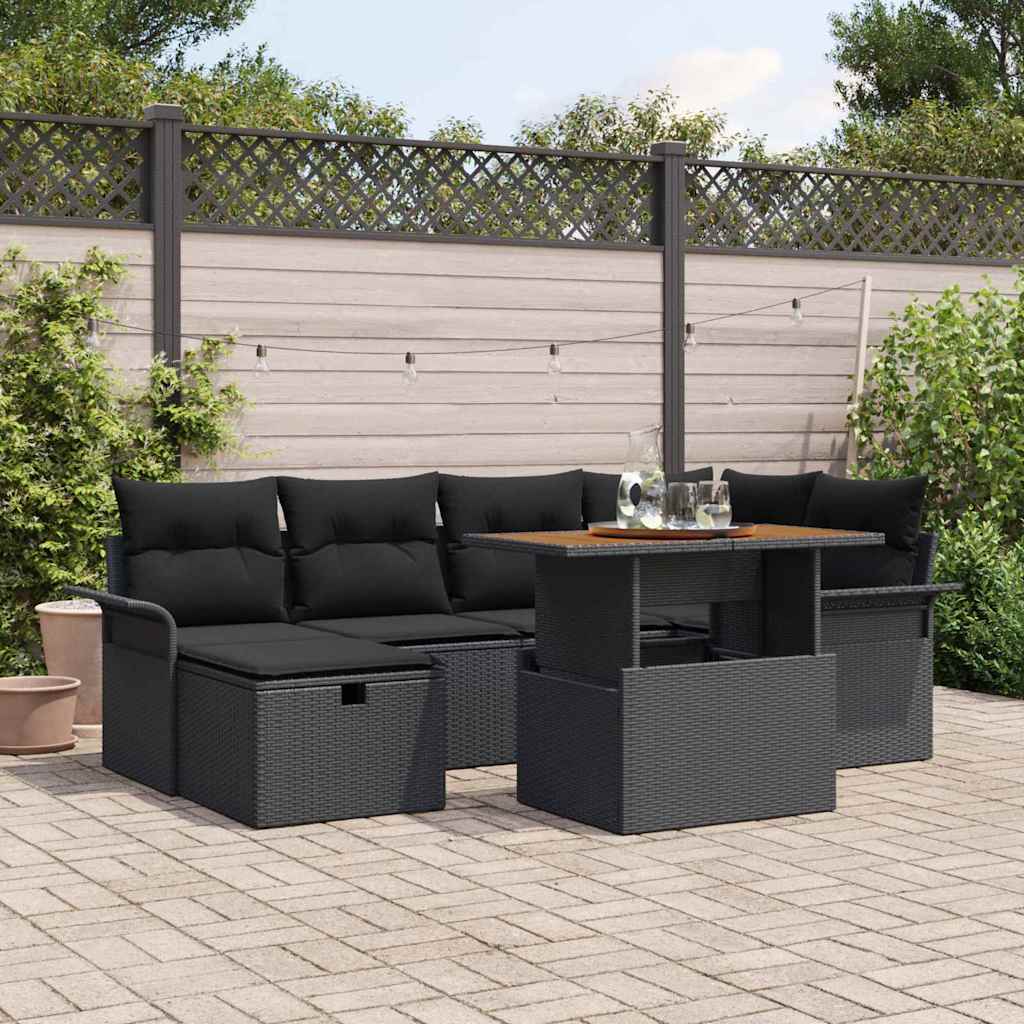 vidaXL 7-delige tuinset met kussens zwart poly rattan