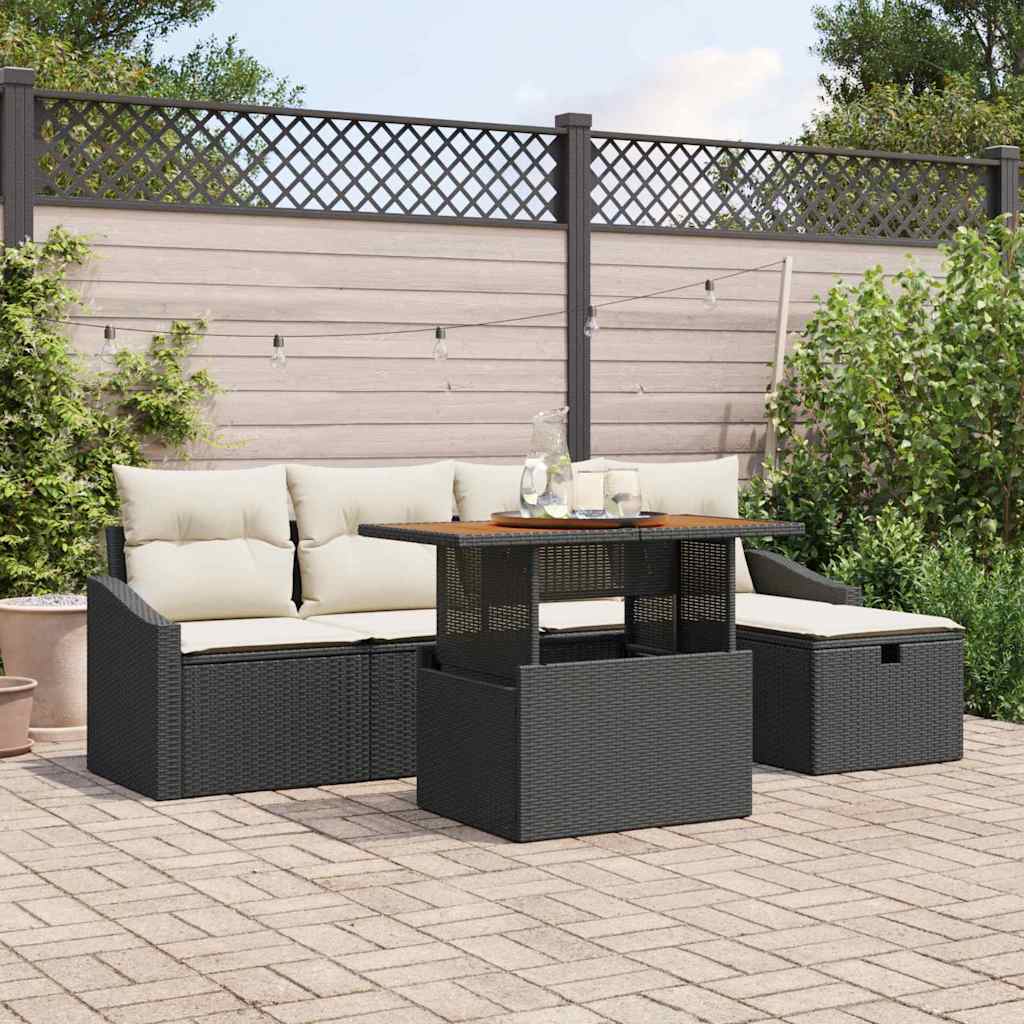 vidaXL 6-delige tuinsofa set met kussens in zwart poly riet