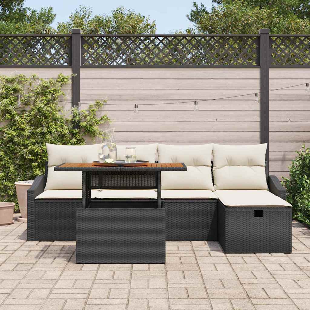 vidaXL 6-delige tuinsofa set met kussens in zwart poly riet