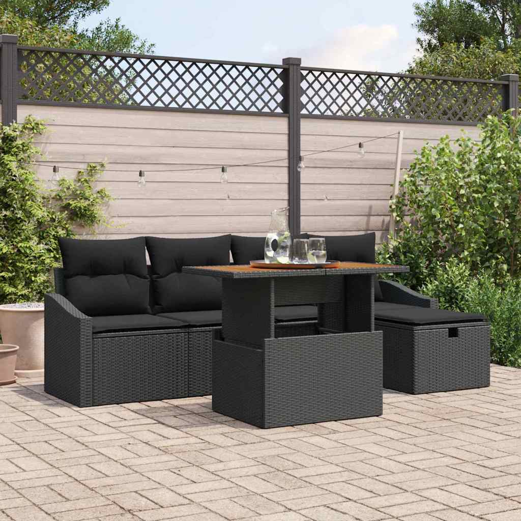 vidaXL 6-delige tuinsofa set met kussens in zwart poly riet