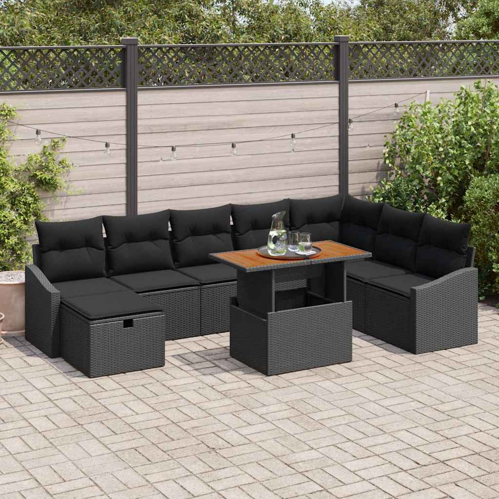 vidaXL Tuin Sofa Set in hoogte verstelbaar 9 pcs Zwart poly rattan