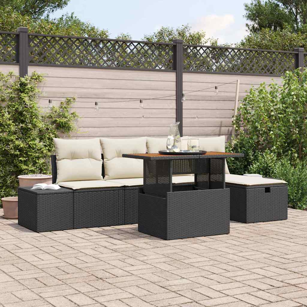 vidaXL Tuin Sofa Set in hoogte verstelbaar 6 pcs Zwart poly rattan