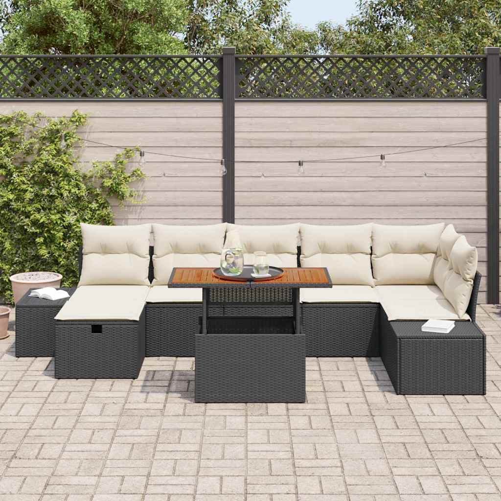 vidaXL 8-delige tuinset met kussens, zwarte poly rattan en acacia