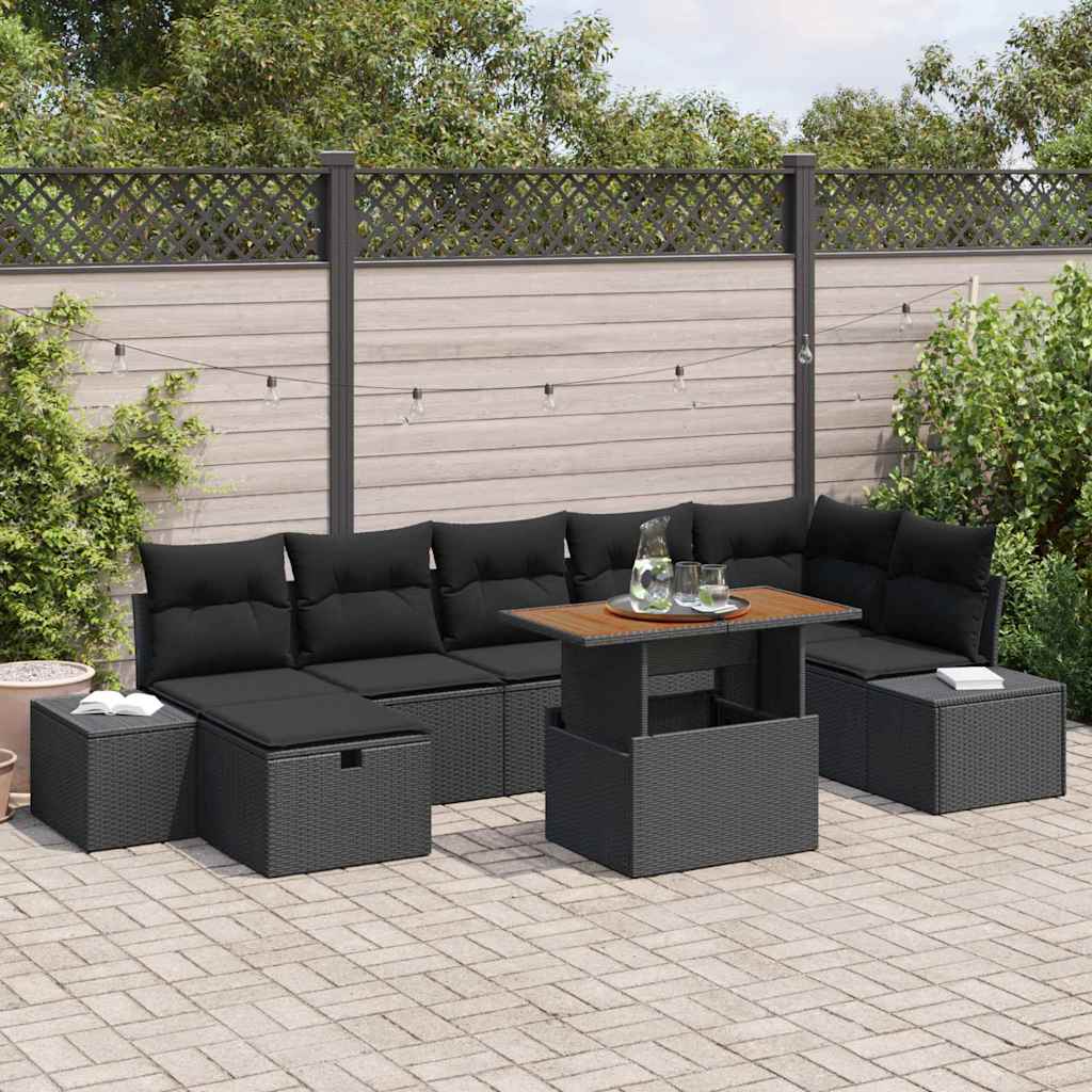 vidaXL 8-delige tuinset met kussens, zwarte poly rattan en acacia