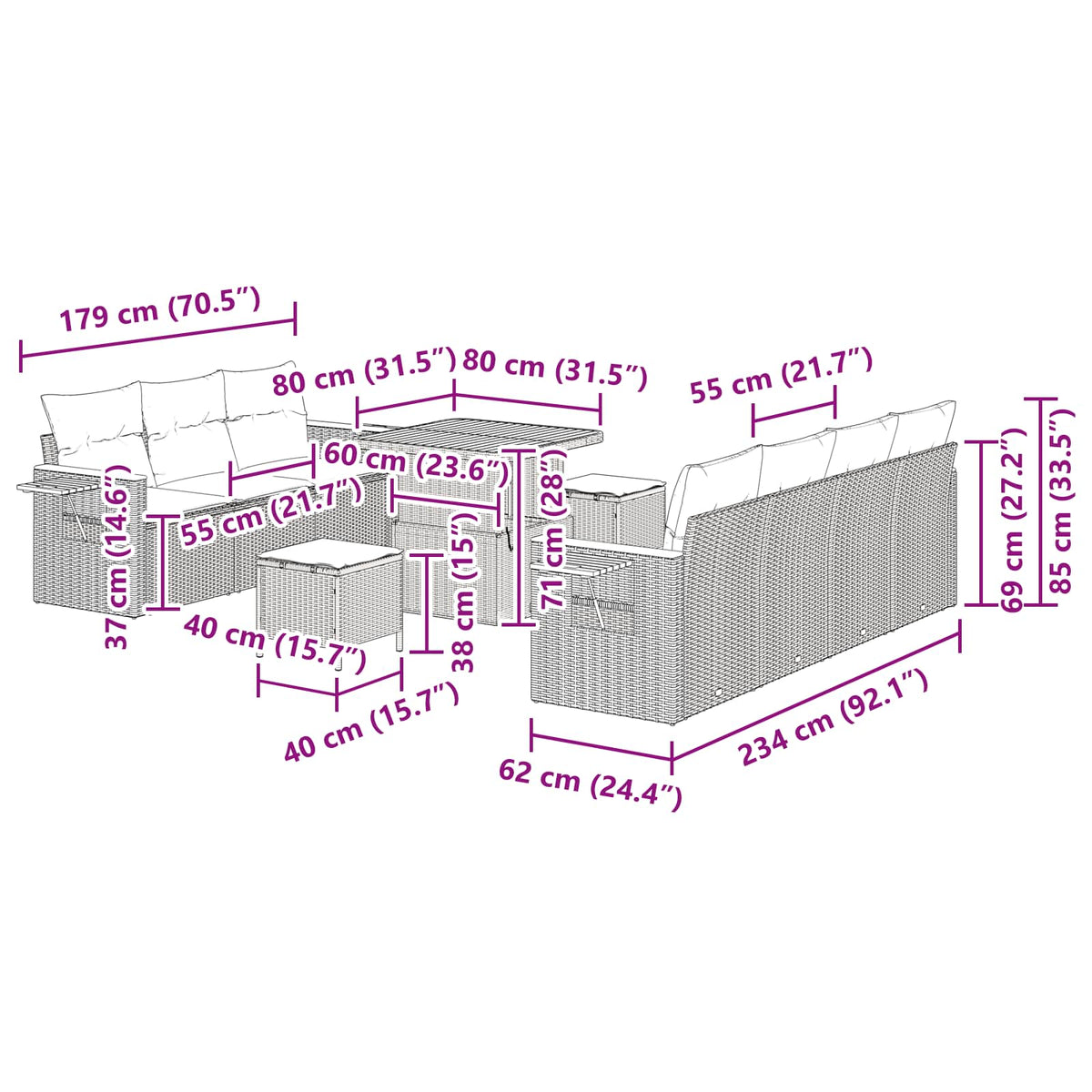 vidaXL Tuin Sofa Set met kussen 10 pcs Zwart Poly riet