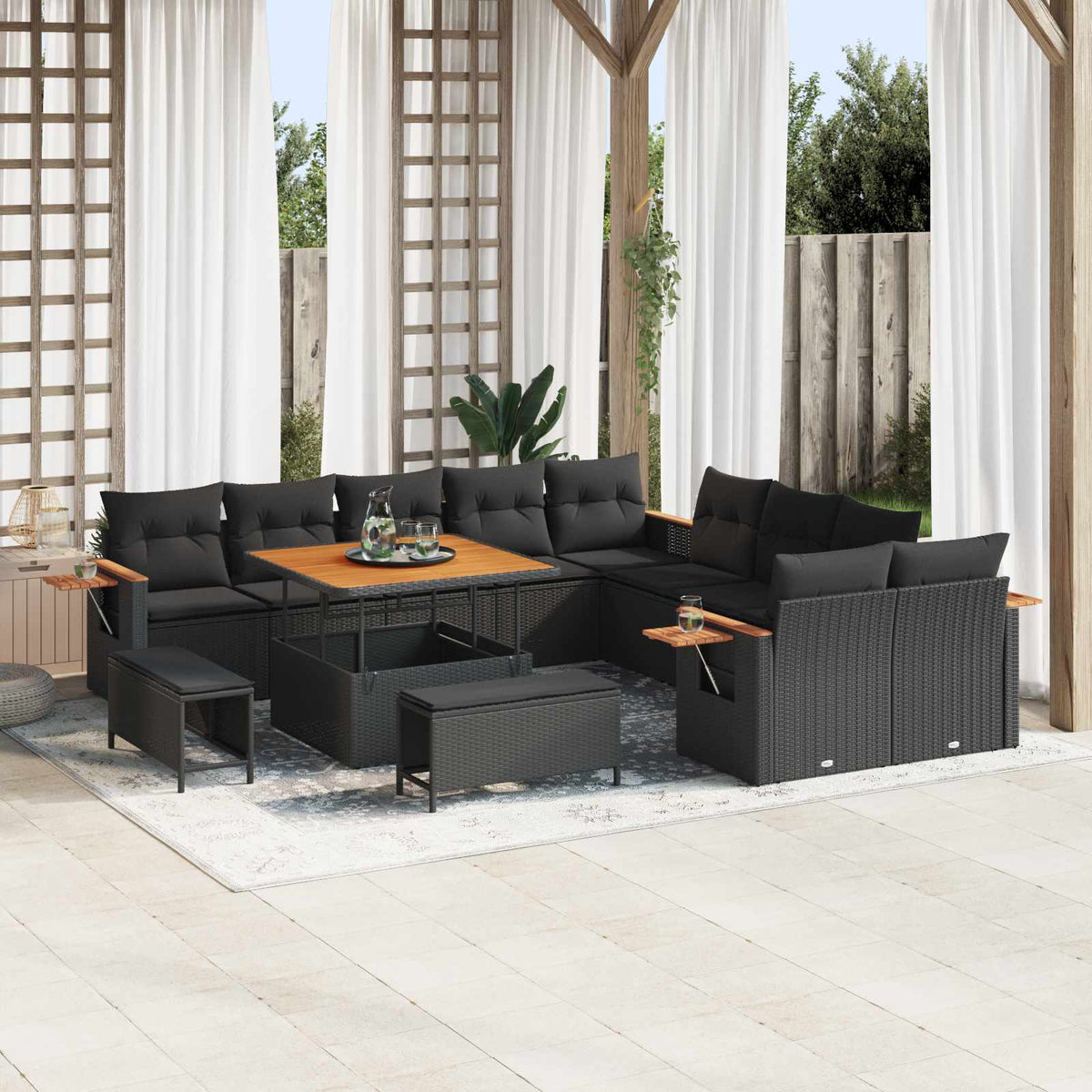 vidaXL 13-delige Tuinset met Kussens Zwart Poly Rattan Acacia