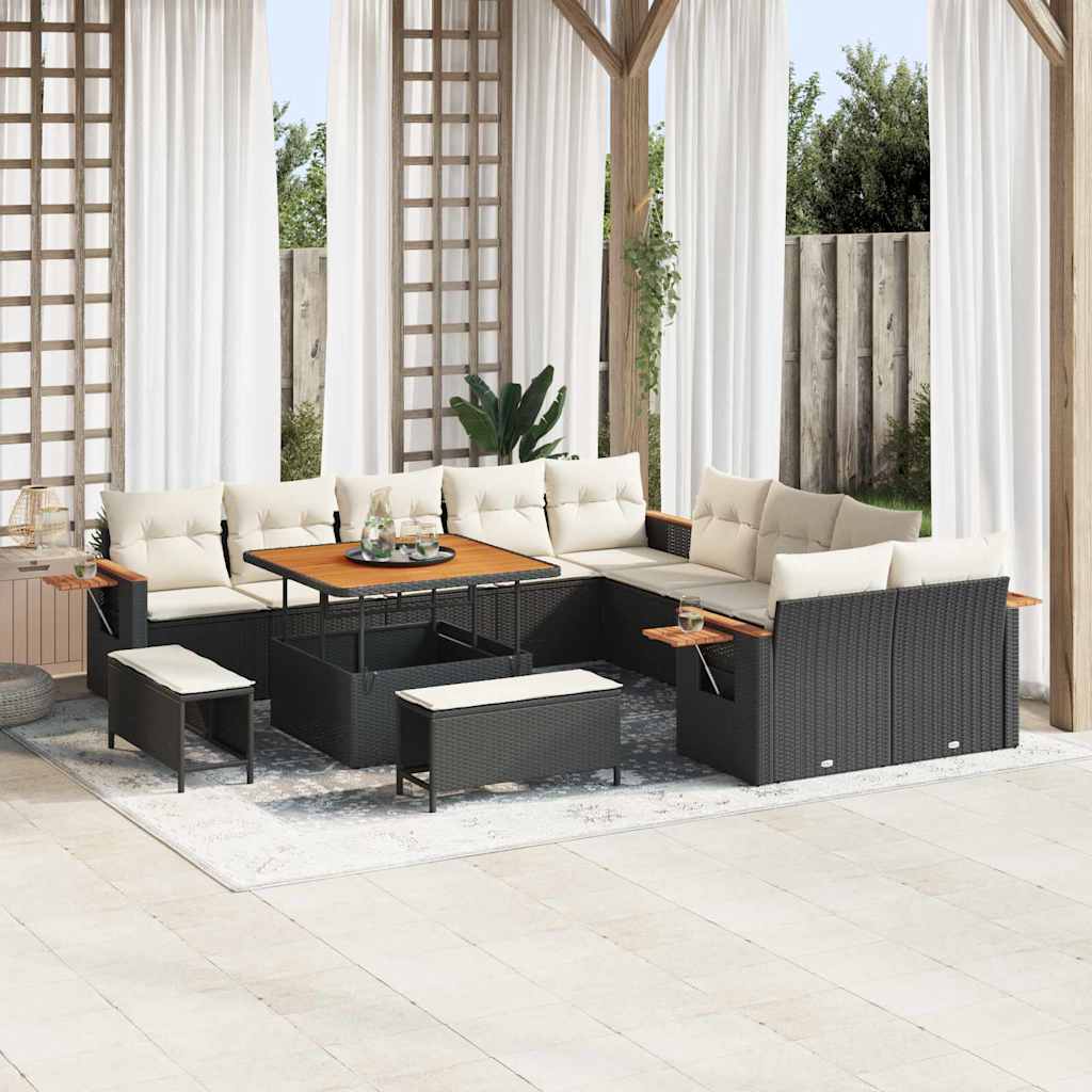 vidaXL 13-delige Tuinset met Kussens Zwart Poly Rattan Acacia