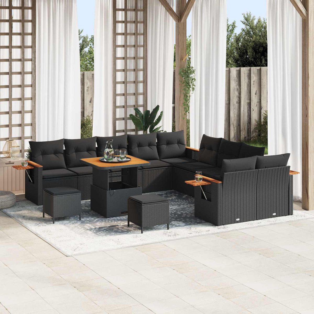 vidaXL 13-delige Tuinset met Kussens Zwart Poly Rattan Acacia