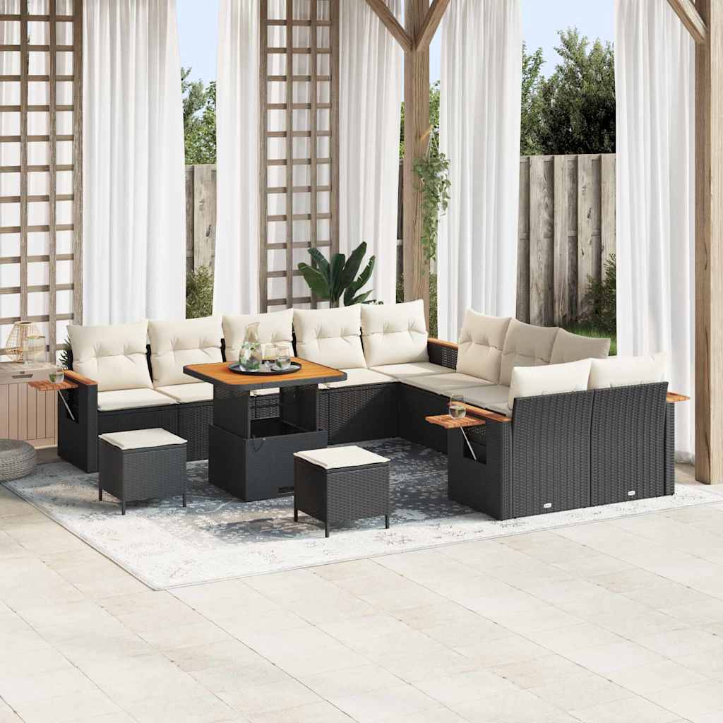 vidaXL 13-delige Tuinset met Kussens Zwart Poly Rattan Acacia