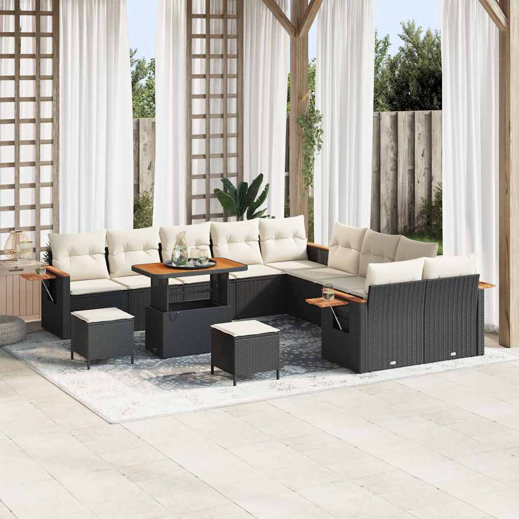 vidaXL 13-delige Tuinset met Kussens Zwart Poly Rattan Acacia