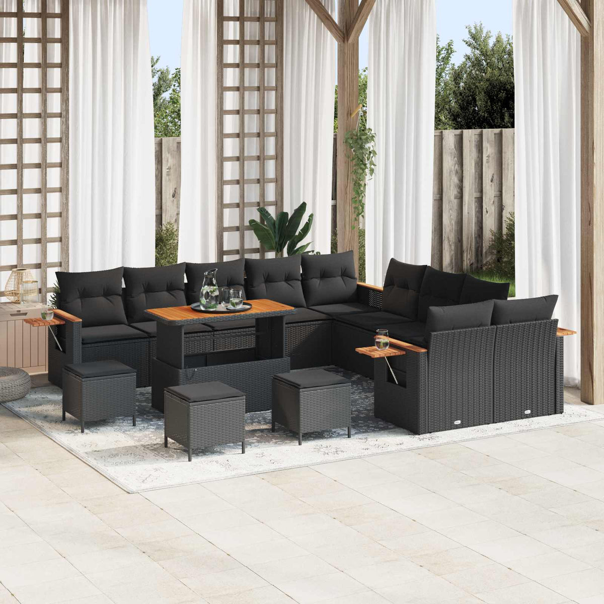 vidaXL 13-delige Tuinset met Kussens Zwart Poly Rattan Acacia
