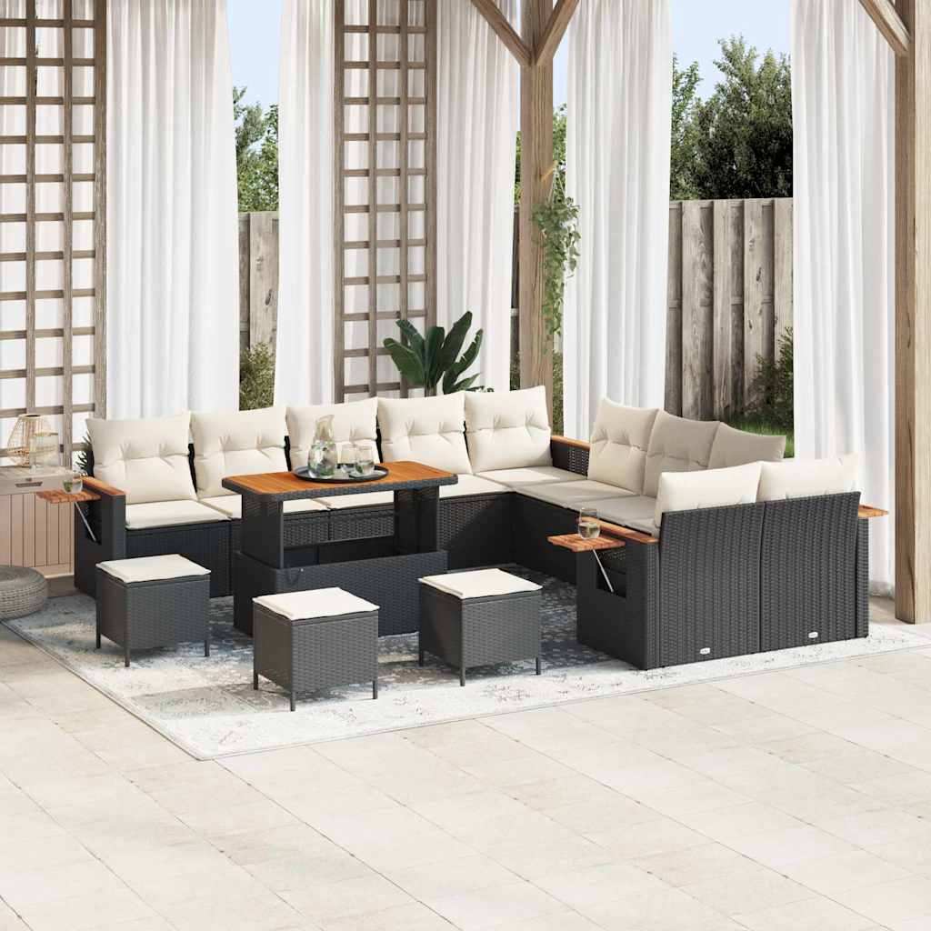 vidaXL 13-delige Tuinset met Kussens Zwart Poly Rattan Acacia