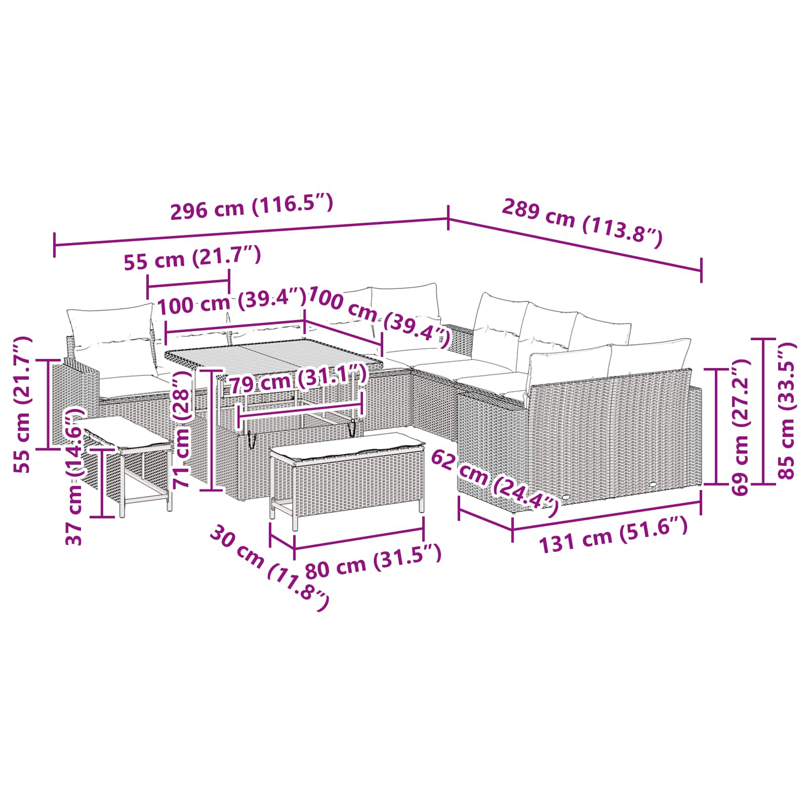 vidaXL Tuin Sofa Set met kussen 13 pcs Zwart 100 x 100 x 71 cm