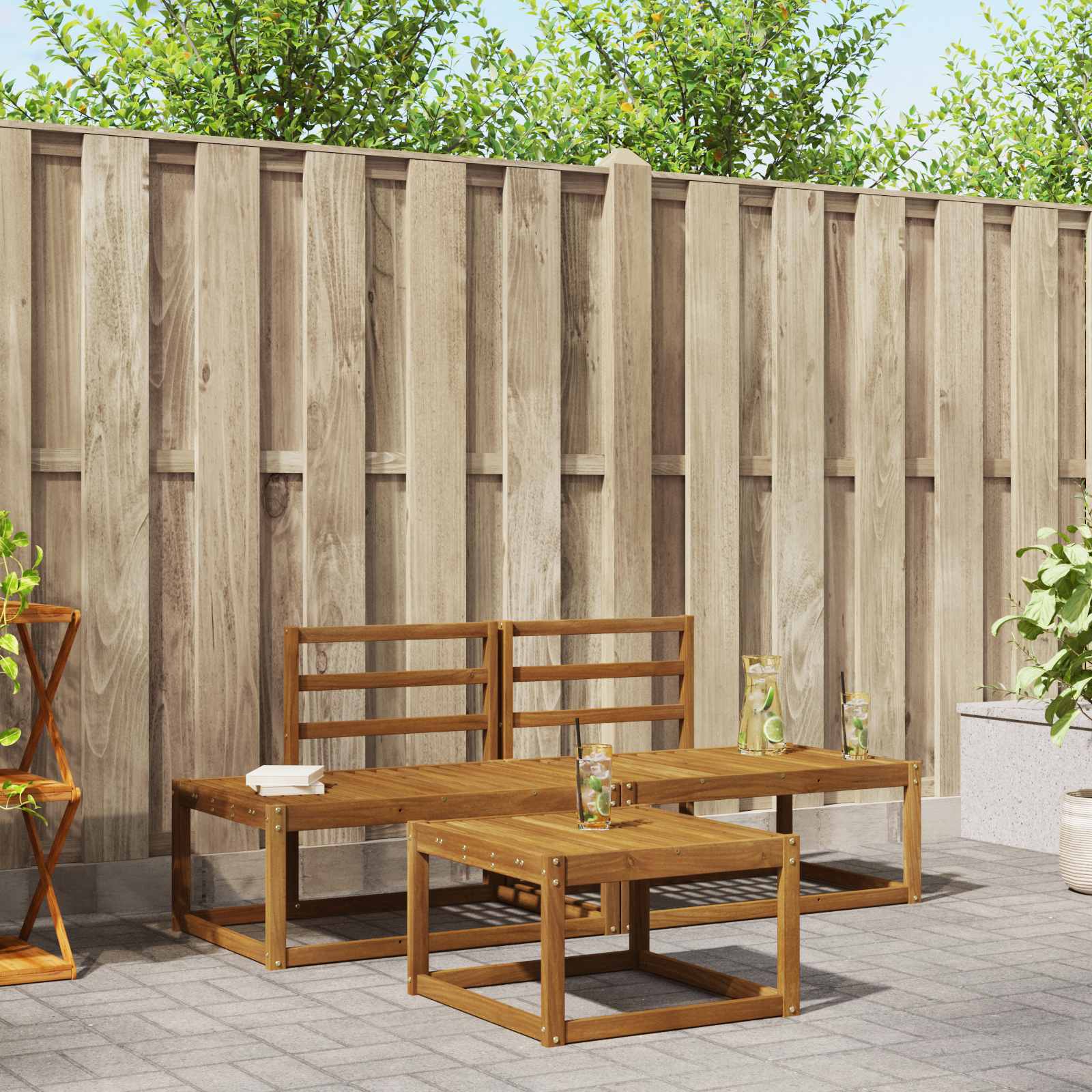 vidaXL Bankstel 3 pcs Naturel Massief Acaciahout en Polyester