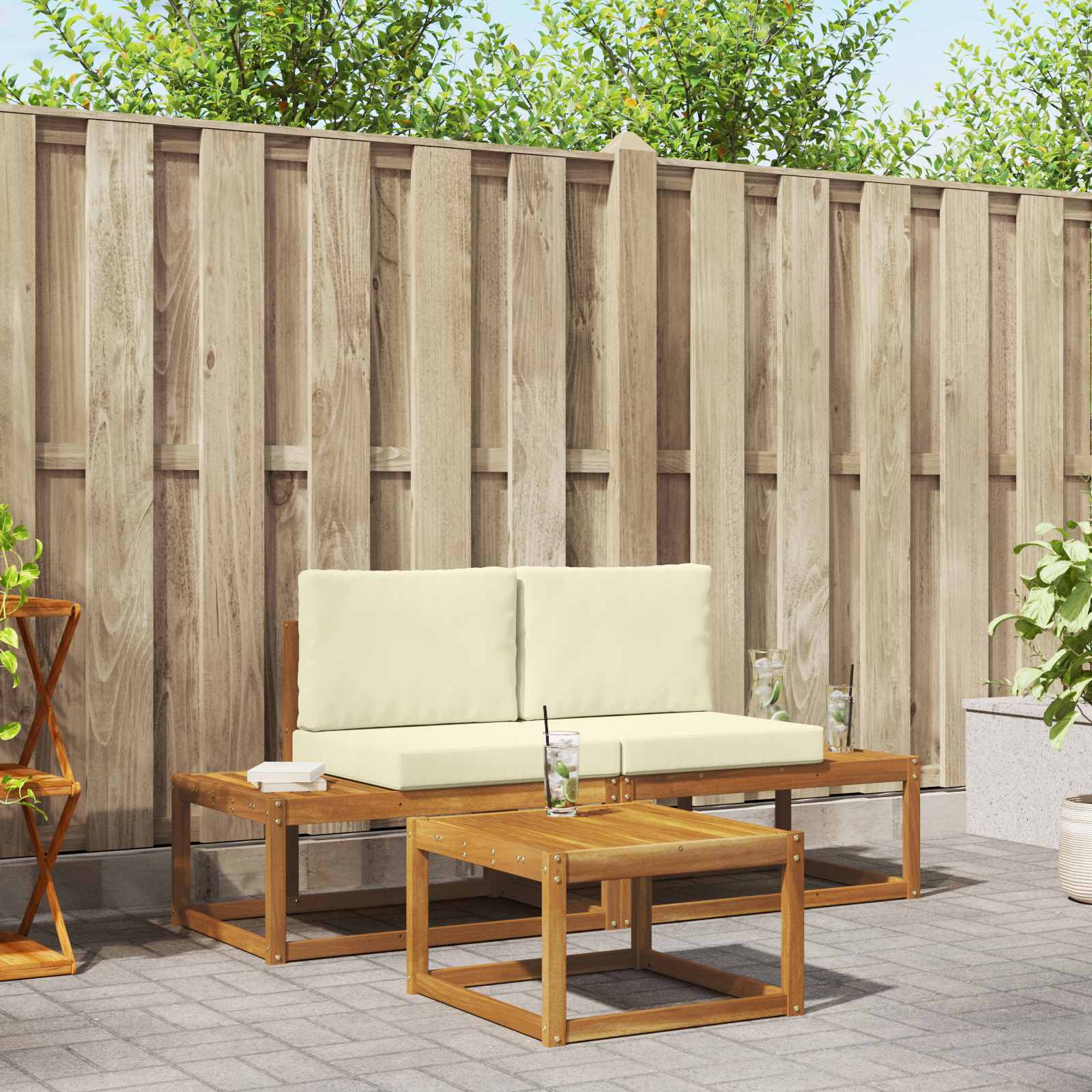 vidaXL Bankstel 3 pcs Naturel Massief Acaciahout en Polyester