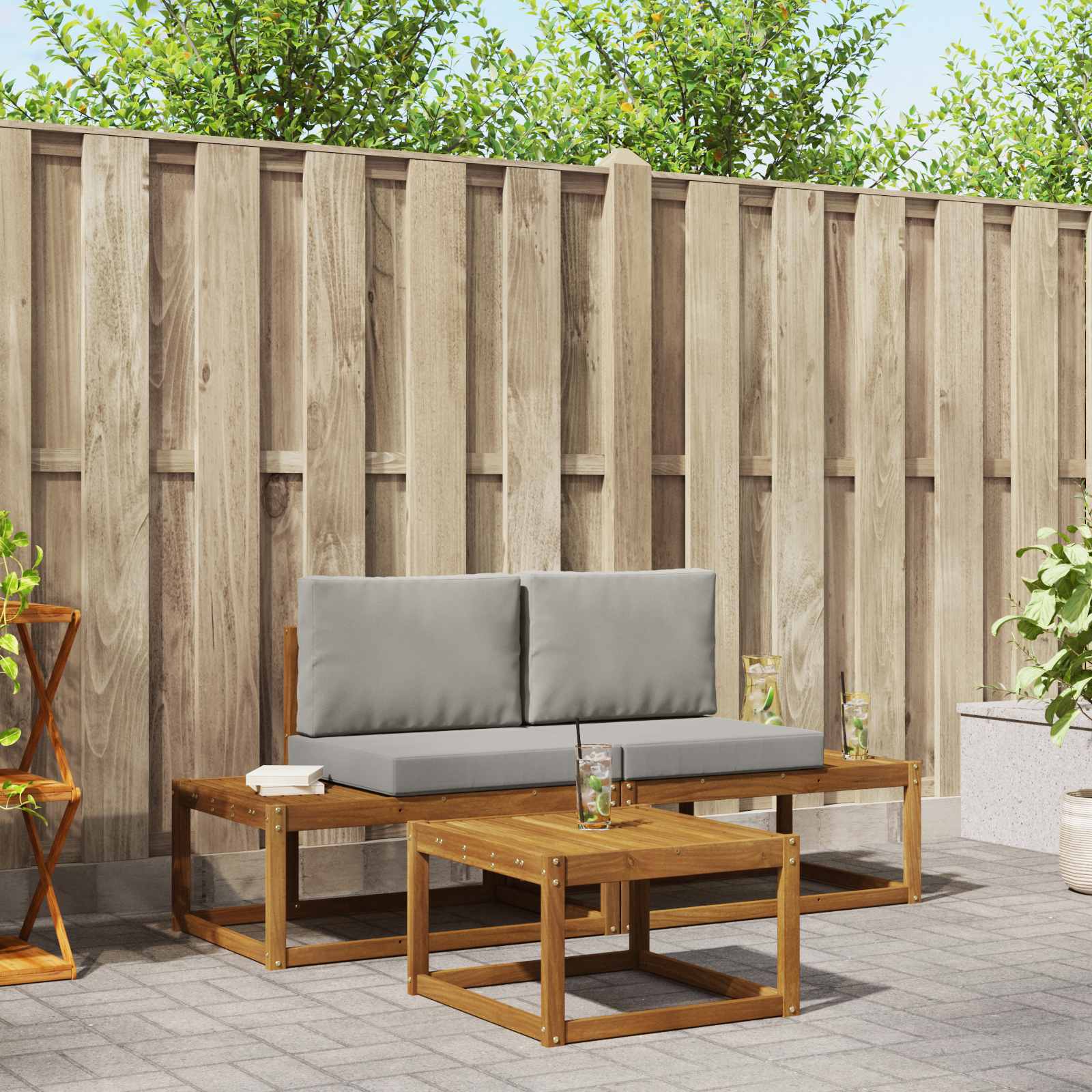 vidaXL Bankstel 3 pcs Naturel Massief Acaciahout en Polyester
