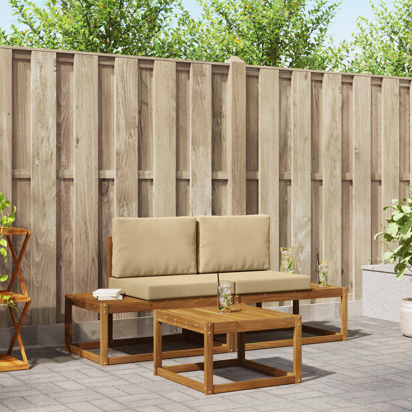 vidaXL Bankstel 3 pcs Naturel Massief Acaciahout en Polyester